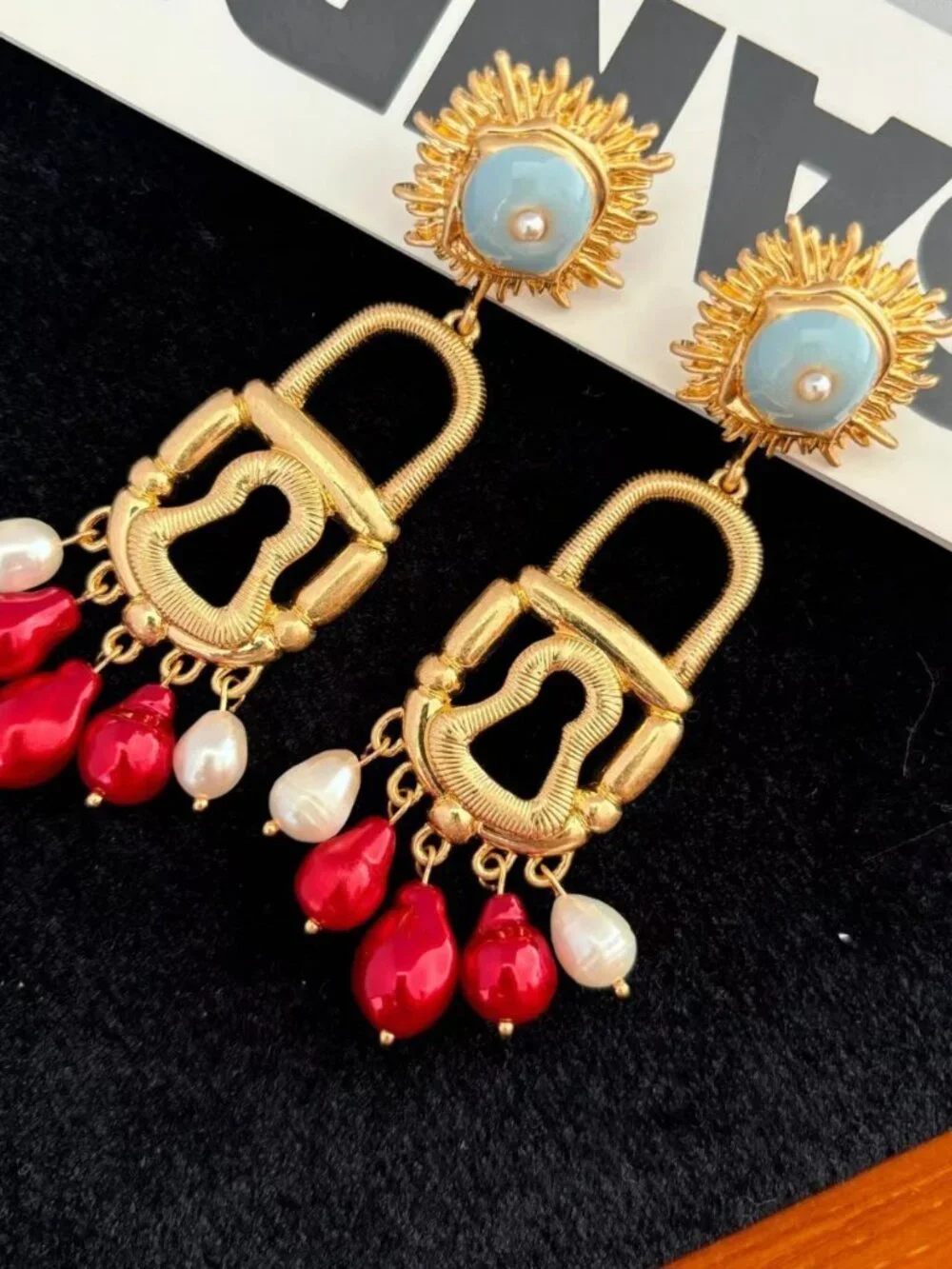 Gold-Tone Red Pearl Drop Lock Earrings